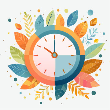 Creative clock surrounded by colorful leaves and plants representing time and nature