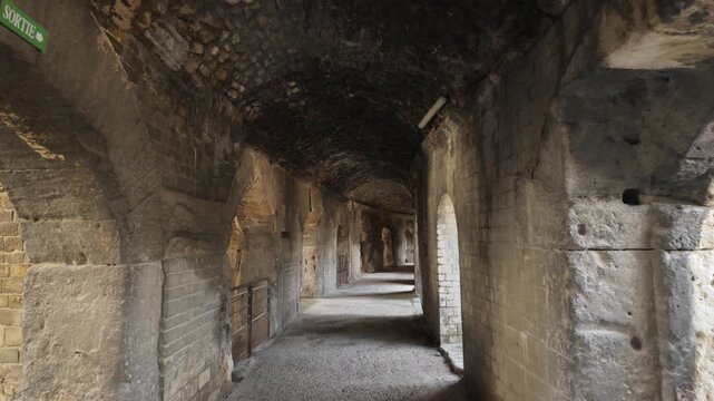 Arles, France - March 5, 2026: Corridors of Arles Amphitheatre in Arles, France