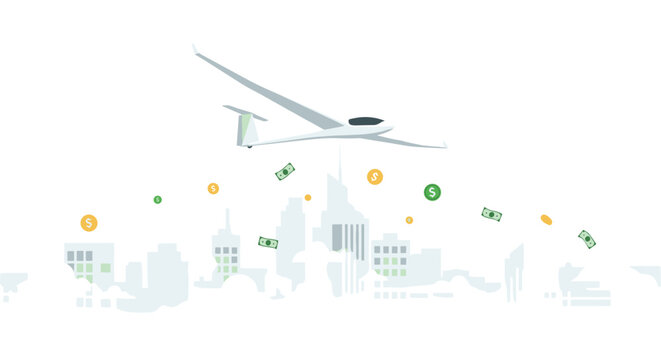 A white glider plane flies above a minimalist cityscape while dollar bills and golden coins fall from the sky on a white background.