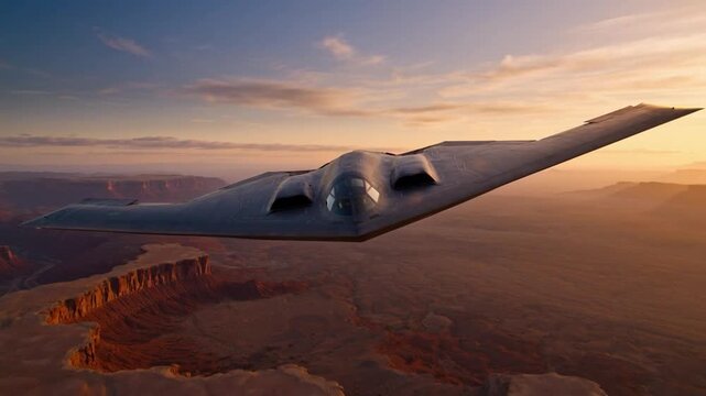 Spirit Stealth Bomber. Stealth Aircraft Over Desert at Sunset.