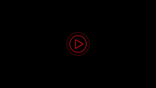 A vibrant red play button featuring a thin circular outline and a solid triangle is centrally positioned on a completely black background, signifying media playback initiation and digital interface