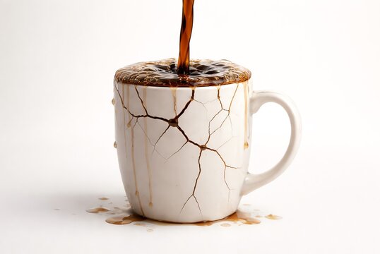 Ceramic coffee mug cracking as it fills with liquid concept of overwhelm pressure exceeding limits minimal realistic scene