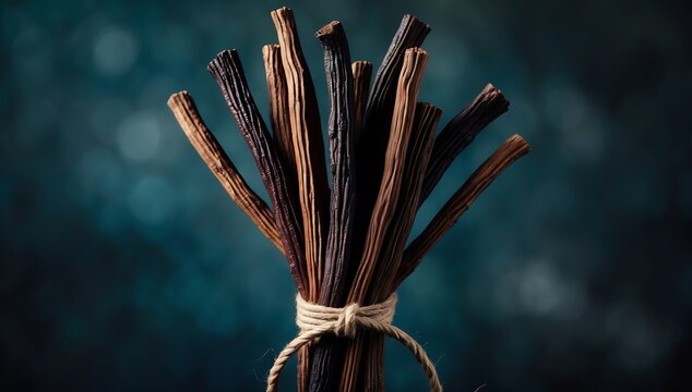 A bundle of dried vanilla beans tied with a twine against a dark blue background with bokeh lights, rustic still life photography with a warm color palette