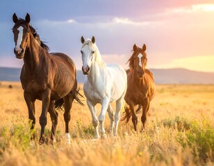 Obraz premium Three horses of different colors run across a grassy plain at sunset