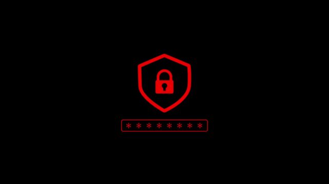 A red shield with a red padlock symbol inside signifying security, placed above a row of red asterisks representing a password input, all displayed on a dark black background for a cybersecurity