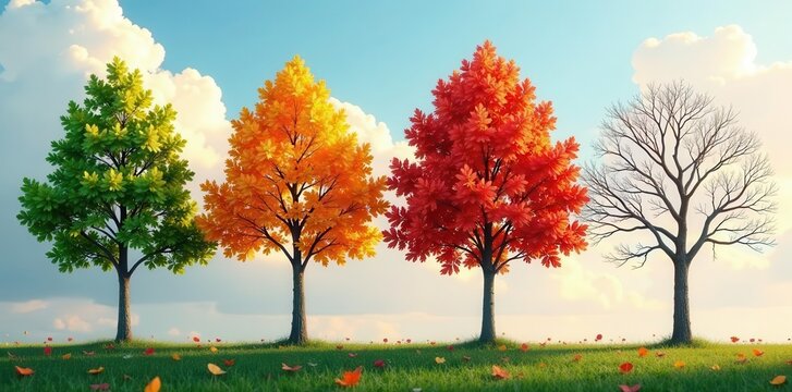 Four trees showcasing the cyclical nature of seasons, representing spring, summer, autumn, and winter in a vibrant display of foliage changes against a serene sky.
