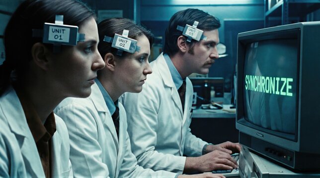 Woman and man subjects wearing electronic brain interface units watching monitor with synchronize command. Science experiment involving mind control and human behavior manipulation concept.