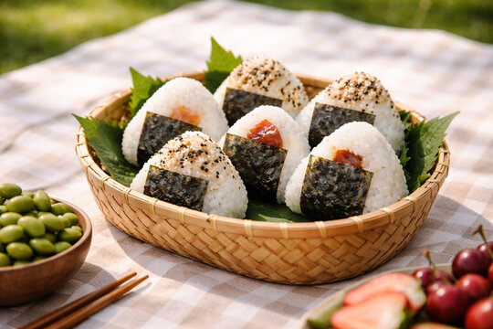 AI generated onigiri rice balls in picnic setting with bamboo basket fresh food minimal background natural light and clean composition for lifestyle and food themes
