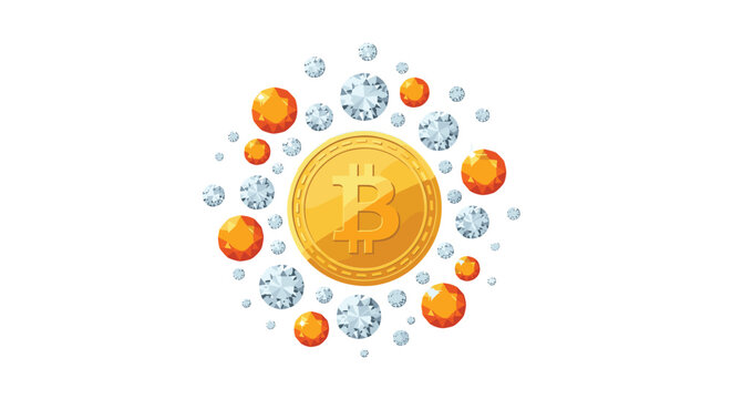 A golden bitcoin coin is surrounded by a circular arrangement of sparkling diamonds and orange gemstones on a white background.