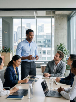 A diverse group of business professionals engaged in a meeting in a modern office