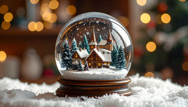 Christmas decorations on a snowy table with festive ornaments, gold and silver baubles, candles, lights, and gifts in a cozy winter celebration scene