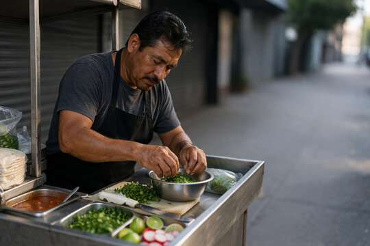 AI generated early morning street vendor arranging fresh vegetables herbs and spices on metal cart urban market preparation quiet realistic