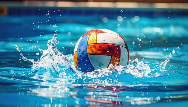 Seorang atlet polo air profesional sedang berenang dan melempar bola di kolam renang biru yang basah saat liburan musim panas untuk kompetisi olahraga yang seru