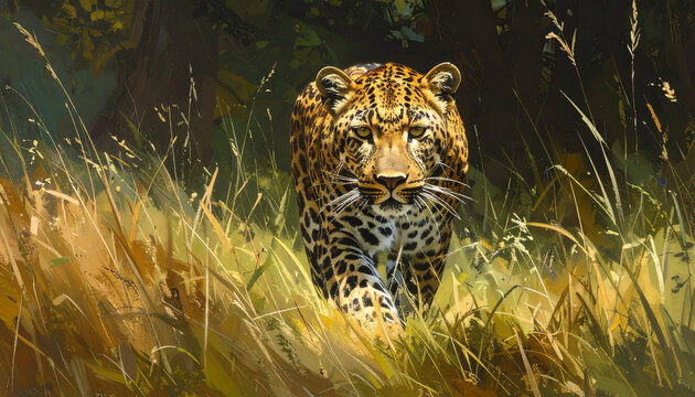 Potret margasatwa mamalia karnivora macan tutul Panthera pardus yang licik dan liar saat sedang beristirahat di atas rumput alam safari dengan bulu tutul yang indah sebagai predator kucing besar