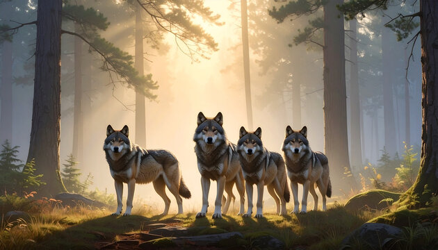 Seekor anak anjing gembala Jerman hitam cokelat yang imut duduk terpencil seperti serigala di antara kuda di hutan rimba dan gurun pasir yang luas