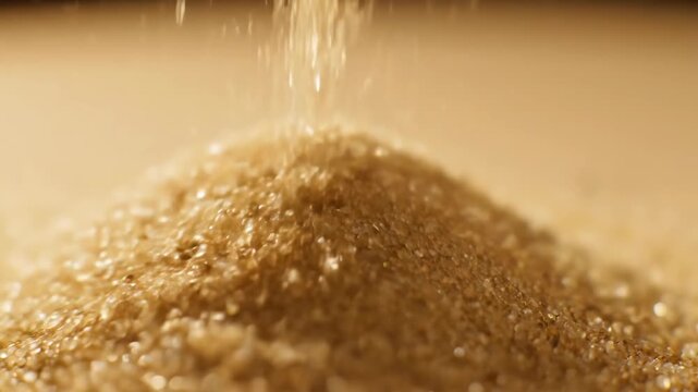 Pile of raw sugar with grains falling in macro close up shot
