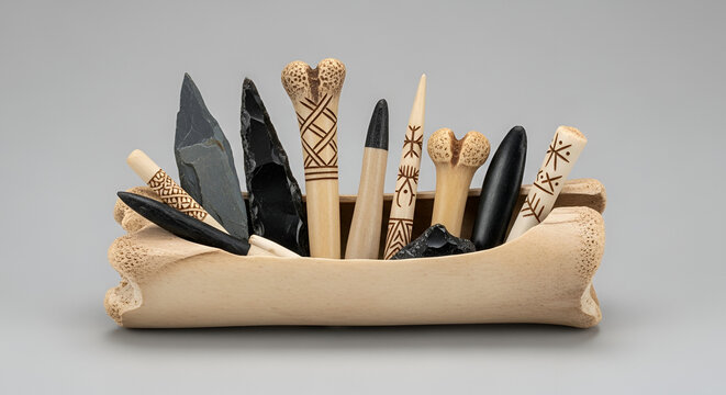 Assortment of ancient bone tools and sharpened obsidian blades displayed in a bone container against a gray background