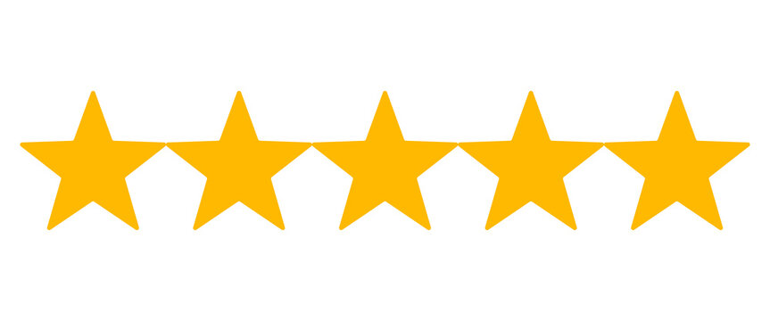 Five star rating full gold row, customer review feedback icon, quality evaluation scale, ranking system design