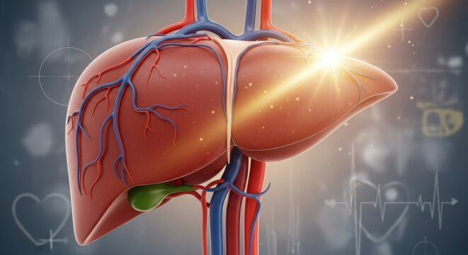 Illustration of human liver anatomy with gallbladder and vessels