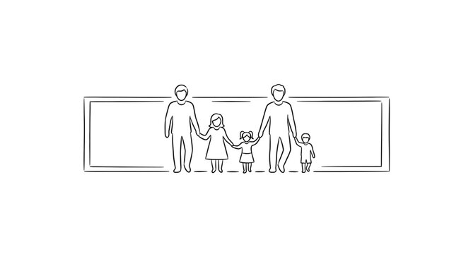 Minimalist hand-drawn family portrait with two adults and three children holding hands within a