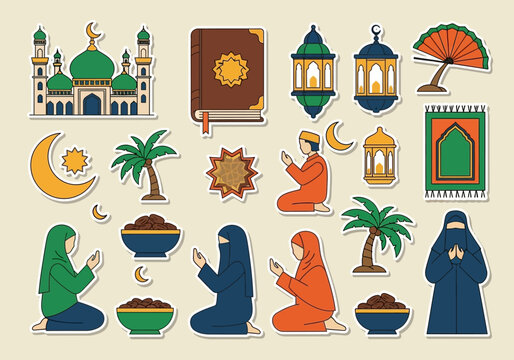 Islamic Ramadan Sticker Set with Mosque, Lanterns, Quran, and People Praying in Flat Vector Style