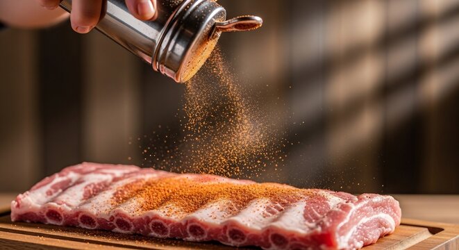 Seasoning Raw Pork Ribs with Spices for Grilling.