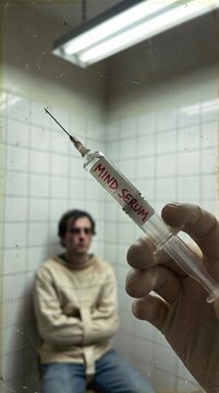Man in straightjacket in a tiled room with doctor holding syringe labeled mind serum. Concept of mind control, hypnosis and forced medical experiment. Psychological thriller cinematic scene.