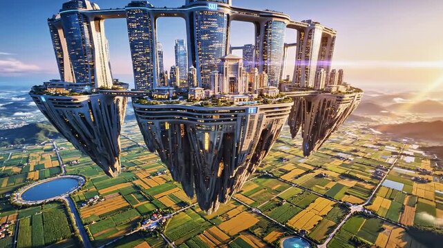 A futuristic cityscape with towering structures floats above a patchwork landscape of green and brown fields at sunrise