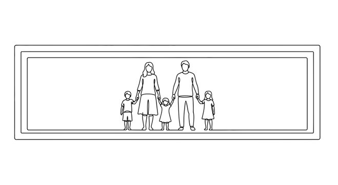 Minimalist continuous line art drawing of a cohesive family with three children in a clean frame