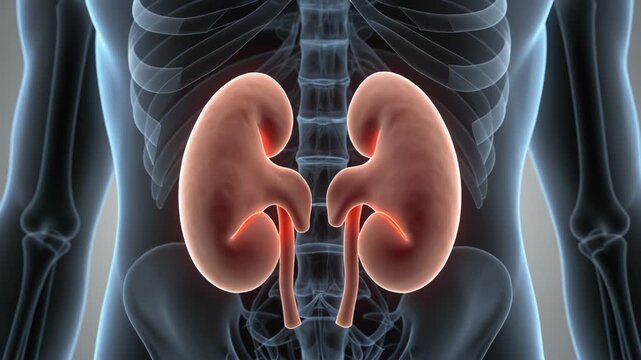 3D Anatomical Illustration of Human Kidneys in Skeletal Torso