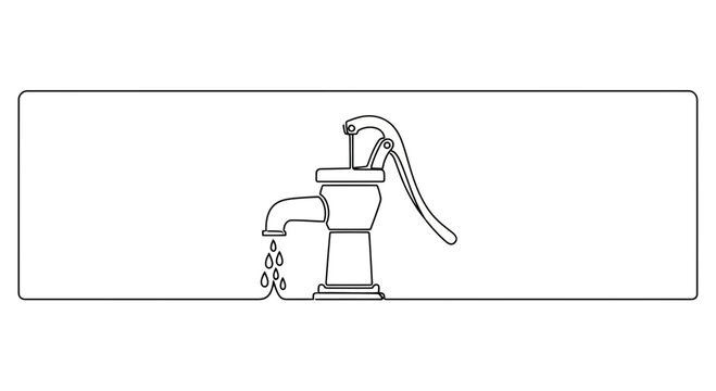 Continuous line drawing of a traditional water hand pump with dripping water illustrating manual