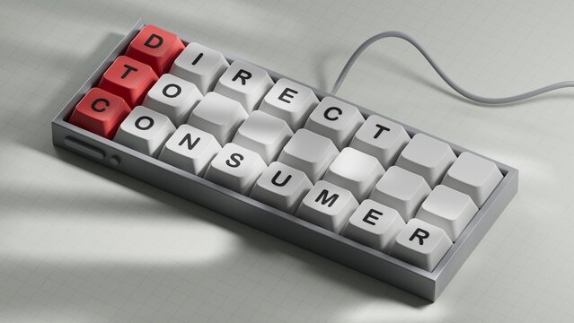 three stone cubes on the background of white financial statements, tables with the word D2C - acronim Direct to Consumer. Strong business concept.3D rendering