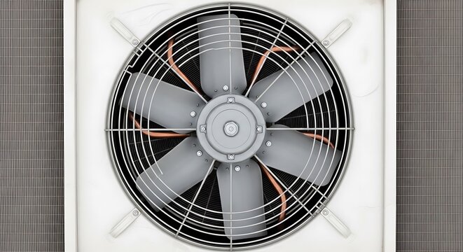 Close-up view of a large industrial ceiling fan with four blades. ac fan