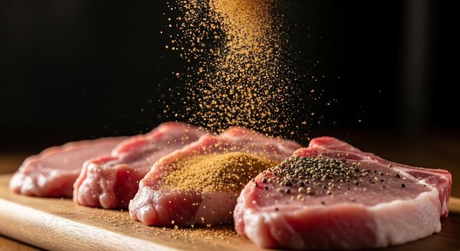 Raw Pork Chops Being Seasoned with Spices on a Wooden Board.
