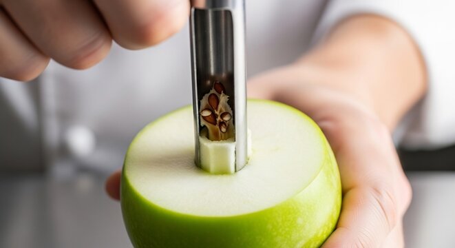 Close-up of a green apple being cored with a metal coring tool.