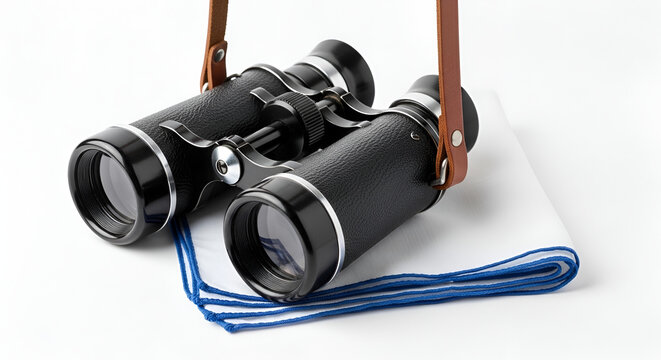 Classic black binoculars with leather strap resting on white cloth with blue border for birdwatching and outdoor adventure photography