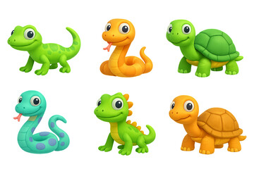 Obraz premium Png set of colorful cartoon reptiles including snakes, turtles, and lizards isolated on transparent background. concept of playful reptile characters, kids animal illustration, cute wildlife.