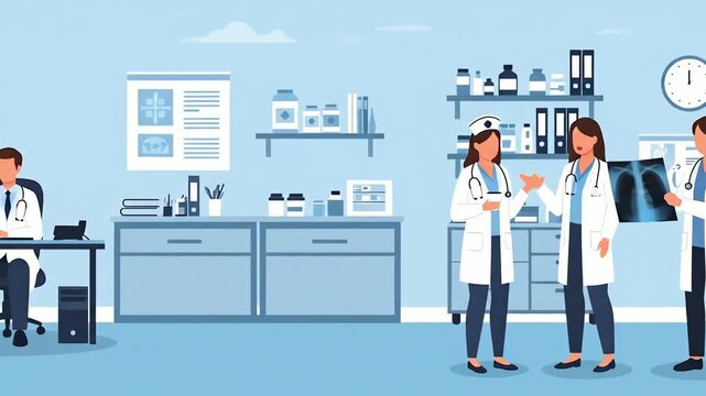 A professional medical team consults and works in a calm, blue-toned flat vector illustration of a doctor's office, discussing patient care.