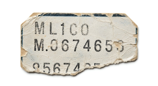 Close-up of distressed and weathered identification tag featuring alphanumeric characters on textured paper for vintage designs
