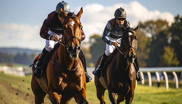 Two racehorses ridden by jockeys compete on a track during a sunny outdoor event