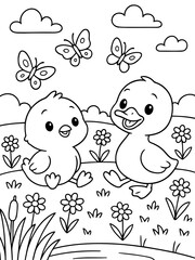 Fototapeta premium Whimsical Ducklings: Two adorable ducklings frolic in a vibrant garden amidst butterflies, plants, and clouds, a scene filled with cheerfulness and childlike wonder.