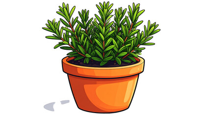Fototapeta premium A vibrant, fresh green herb plant, resembling rosemary, growing in a classic terracotta pot, depicted in a charming and clean vector illustration style perfect for culinary or gardening themes