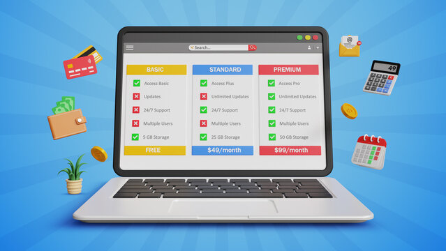 Pricing Plans, Plan Comparison, Recurring Billing, Customer Purchasing Plans, Membership Choices, Secure Payments, User Sign Up, SaaS Concept. 3D Subscription Page Design on Laptop
