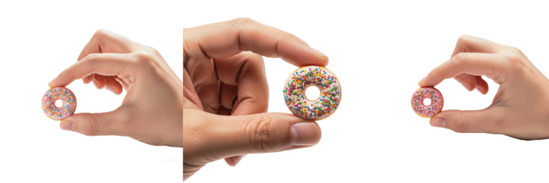 Set of three hands holding tiny mini donuts with colorful sprinkles and icing isolated on white background