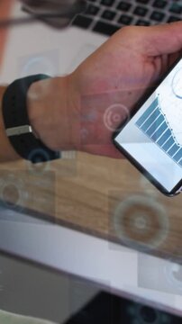Hand holding phone showing blue chart, HUD appearing and drifting, tilting phone, showing wrist AR