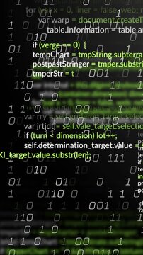 Vertical video: Code block scrolling for tech, frames advancing and showing binary overlay growing