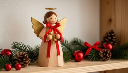 Obraz premium Festive Angelic Embellishments: A handcrafted wooden angel figurine stands gracefully amidst holiday decorations, embodying peace and festive cheer with angelic presence.