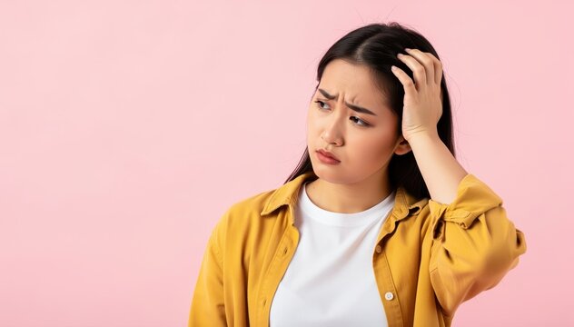 Pensive Woman: An asian woman, immersed in thought, face contorted with confusion and contemplation. Capturing the complexity of human emotion.