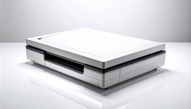 Close up studio shot of a contemporary flatbed scanner isolated on a bright white surface emphasizing minimalist design clean lines and practical modern functionality