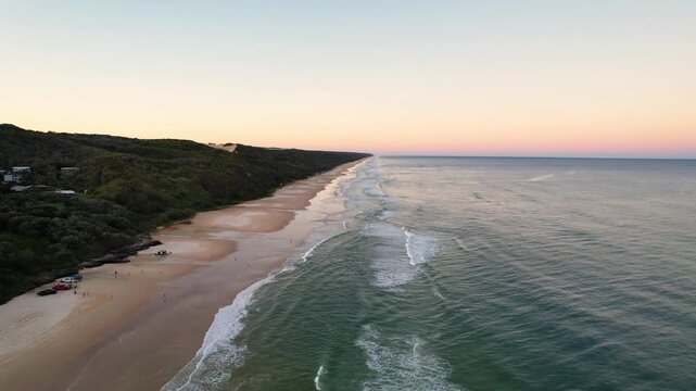 Sunset Over 75 Mile Beach, K'gari Fraser Island &ndash; Aerial Drone Coastal Landscape, Queensland Australia